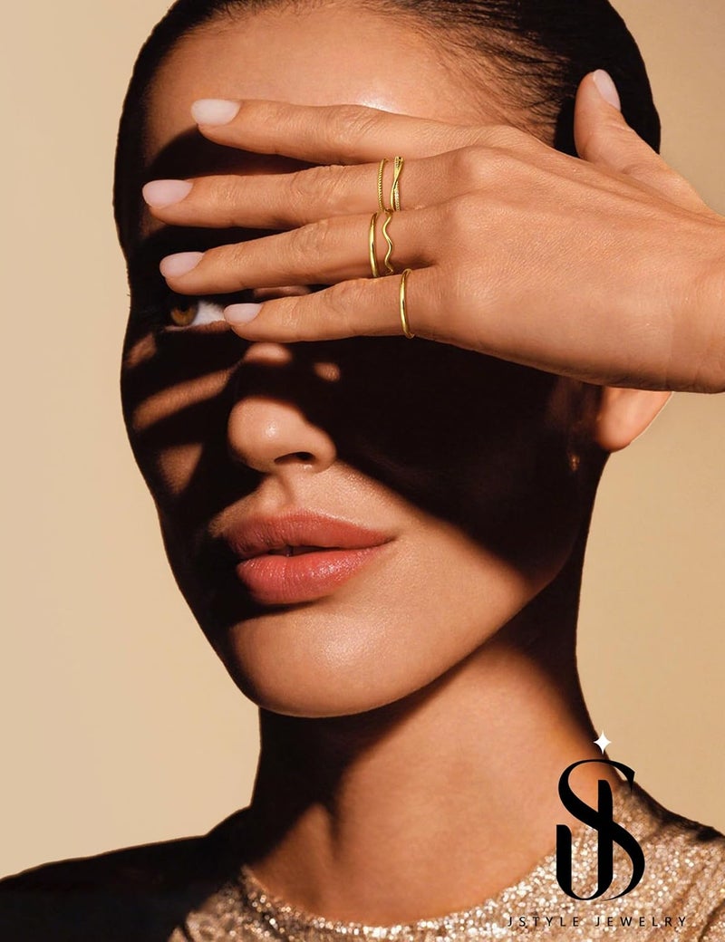 Jstyle Gold Stackable Rings for Women Non Tarnish Open Adjustable Rings Cubic Zirconia Thin Thumb Silver Ring Set 14K Gold Filled Pinky Knuckle Stacking Set - Dainty Statement Promise Band Ring Sets - Image 5